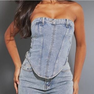 Pretty Little Thing Jean Waistband Detail Corset Top Size 18 Denim Cropped Chic